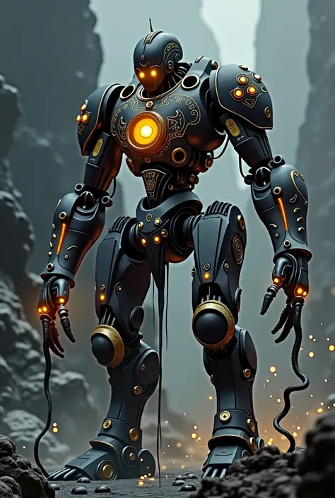 black and gold humanoid robot, with magical glyphs and symbols carved into the components, leaking a black fluid that has teeth and golden eyes