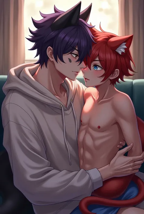 A boy with mud purple hair saft clothes and has black wolf ears and a demon Tail,he has pale skin and mud purple eyes with star shaped pupils and black mark around his left eye and wears a oversized hoodie And is muscular,he is cuddling with a boy with mud...