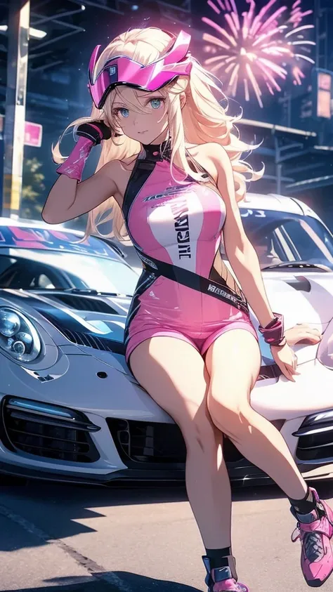 High resolution digital CG images, Beautiful futuristic girl posing in front of a Porsche 911 ,The girl has long, blonde hair and blue eyes..She wears a pink racing suit with mecha-style decoration., The suit has lots of sponsor logos on it..The pink racin...