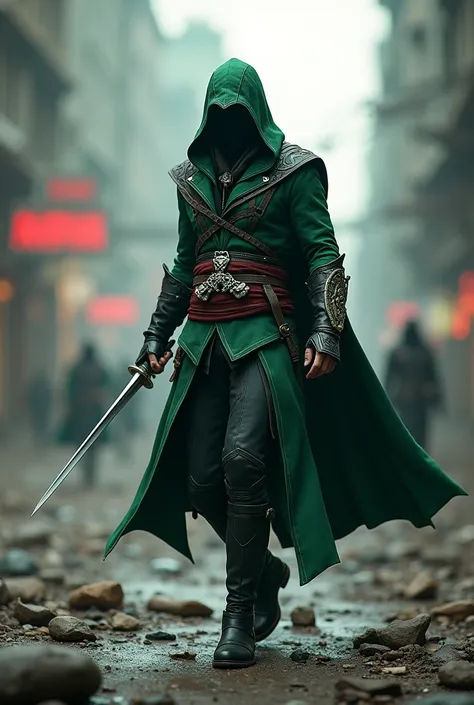 An assassin from "assassins creed", green and black mixed dressed, hooded, face cant be seen, stylish modern black white shoe, warzone background.