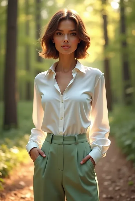 Hyperrealistic close-up photo masterpiece, best quality, (photorealistic:1.4), Full body, Luxurious wide open white long sleeve shirt,, light green luxury trousers, woods, sunny day, t, Beautiful European woman, sslim, size, big breasts,short brown hair, d...