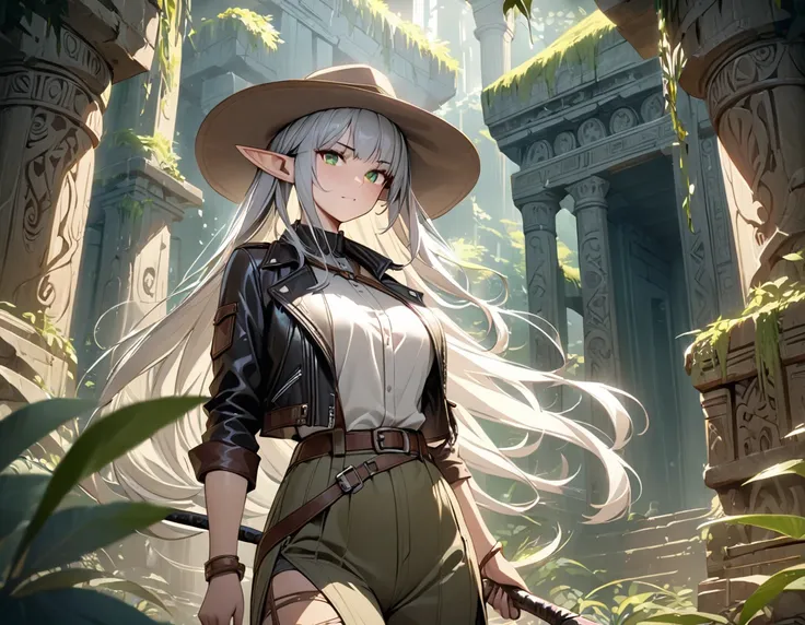 cinematic lighting, ((masterpiece)), anatomically correct, accurate, textured skin, high details, high quality, ((best quality)), (super detail), An elegant female elf with long, flowing silver hair, wearing a rugged but stylish adventurer’s outfit. She is...