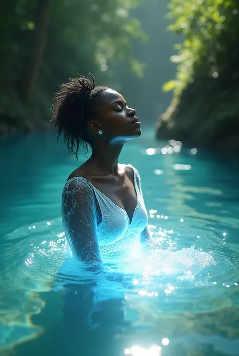 Here’s a detailed prompt for generating an image based on your story:

"Create a mystical and serene scene where a person is bathing in a crystal-clear, sacred body of water. As they immerse themselves in the water, their skin begins to glow with a bright,...