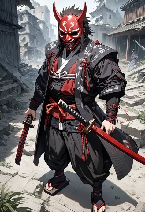 8K, top-quality, masterpiece,Super Detail, Highly detailed,beautifully detailed eyes,highest quality,super detailed,detailed face,ruins,1 boy,samurai,holding katana,jinbaori,obi,tengu mask,geta,no face,spiked hair