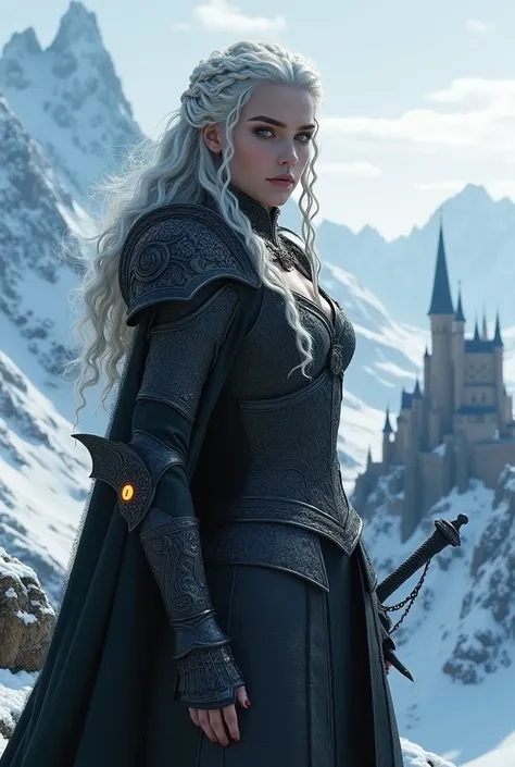 ((better qualitative)) , (detailed), Visenya Targaryen Dazzling, Black Dragon Armor, Black Sword, A portrait photo of a beautiful girl,  undead, spooky face, skin skin skin and white hair, blue eyes, developed body, wearing heavy death knight armor , black...