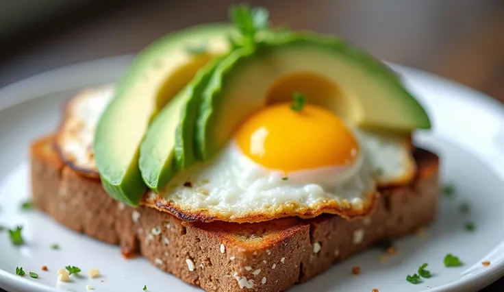 Layer the cooked eggs onto 4 pieces of toasted whole-grain bread, then add fresh avocado slices. Top with the other half of the bread, cut, and serve.