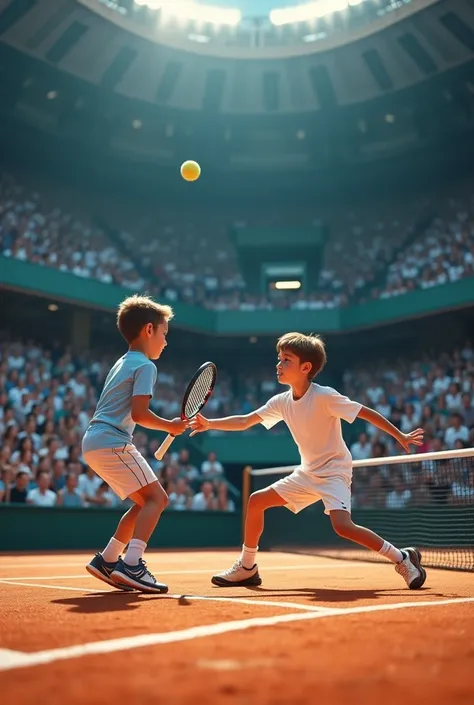 Make 9:16 concept photo of an two boy playing  tennis  in stadium with lot of fans cheering 
