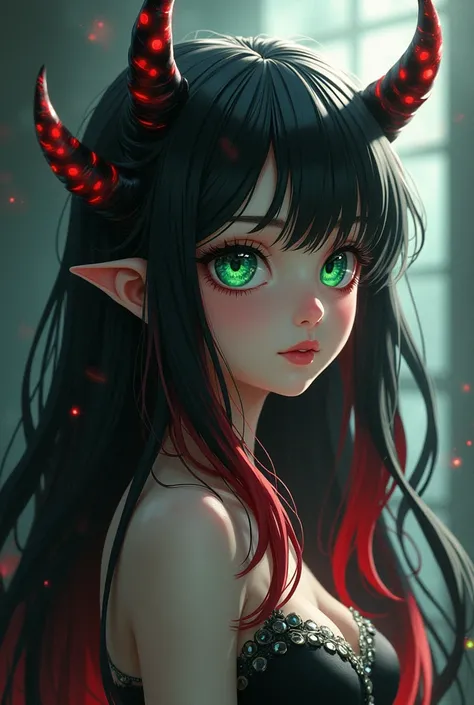 A half demon and half angel girl with black hair with red tips and green eyes (My hero academia version)