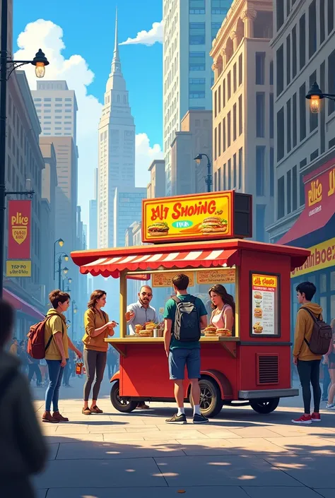 An urban city center with a lively, everyday atmosphere. A fast food cart is parked on a busy sidewalk, serving casual passersby. The cart is vibrant, with colorful signs displaying its menu. One or more people are casually standing near the cart, either o...