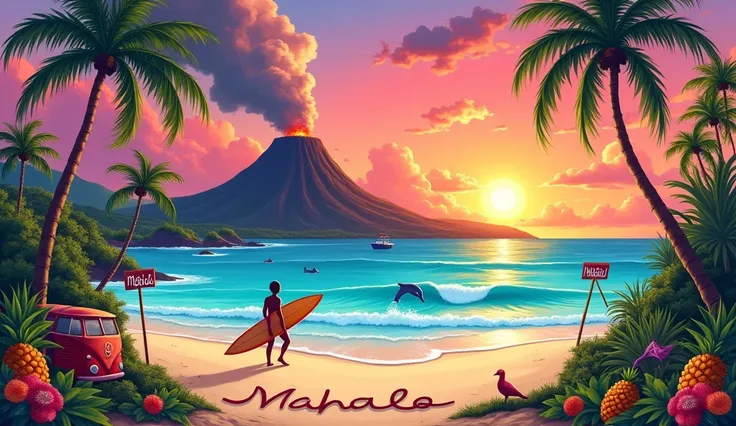 A REALISTIC DRAWING STYLE image, with the theme of Hawaii, this image must contain pink tones, Unripe, yellow and blue. In the center of the image there is a realistic sunset and a volcano releasing black smoke., behind the volcano there is an intense suns...