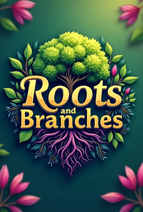 Logo for landscaping and gardening company. The company name is Roots and Branches. The logo must include the name. It must have vibrant and cheerful colors., mainly green and violet.