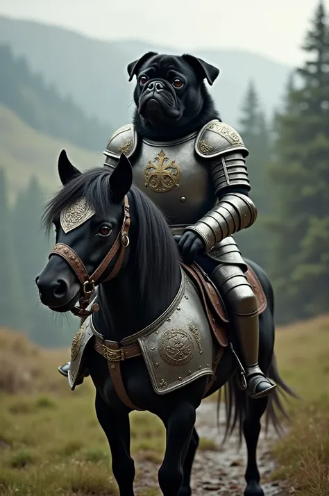 Black pug in armor on a miniature shetland pony warhorse