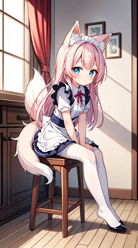 cute girl,pink hair,blue eyes,fox ear,the maid outfit,white pantyhose,sit on a stool,bow,white ribbons,indoor,Upper viewing angle,long hair,mop,over look,no shoes,full body,wide shot,fox tail