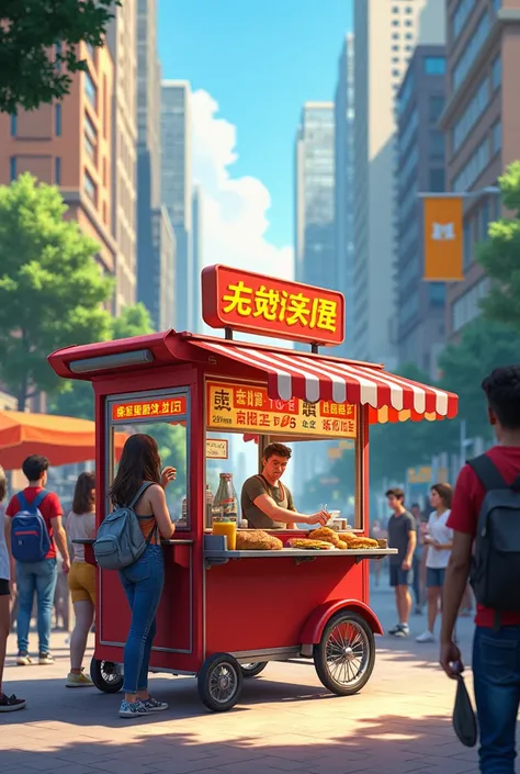 An urban city center with a lively, everyday atmosphere. A fast food cart is parked on a busy sidewalk, serving casual passersby. The cart is vibrant, with colorful signs displaying its menu. One or more people are casually standing near the cart, either o...