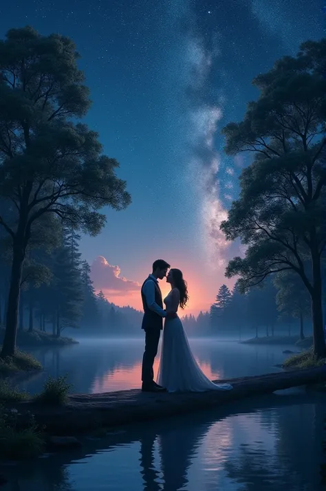 One beautiful couple set front of lake background forest night time see beautiful stars in sky picture in horizontal 