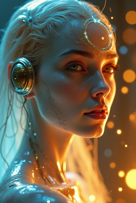 A Photograph capturing the essence of computer vision, 

portrays a full body model with translucent cybernetic skin. Her face, 

the epitome of perfection, 

reveals crystal clear body and stunning, 

glowing eyes. The Eye of Horus adorns one eye, 

addin...