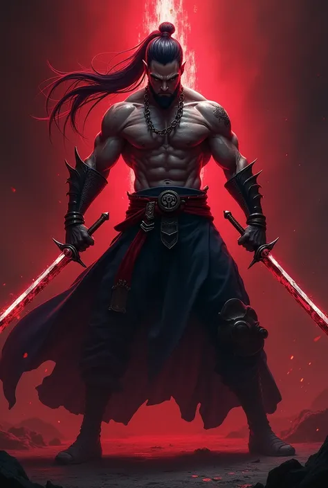 Give me a mobile wallpaper of  shirokage Taka from vainglory on black and red who will have swords inbuilt in both hands fighting in 360° angle in 1080 px