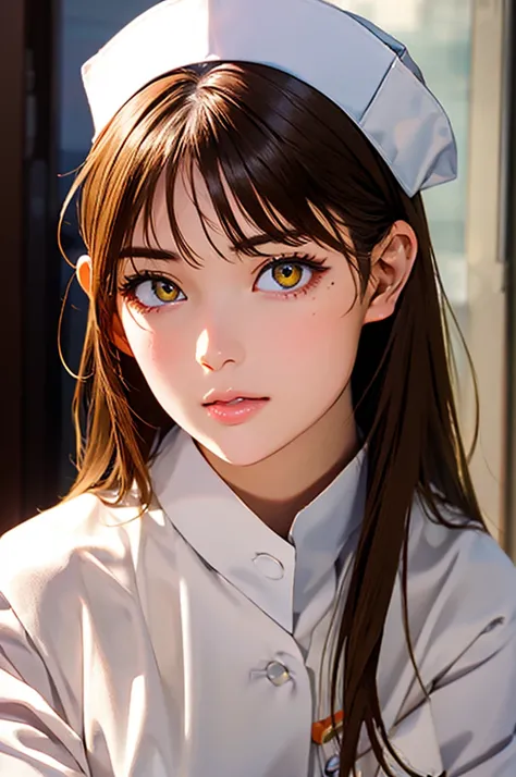 nurse , In the hospital , Detailed hands , high quality, 最high quality, Detailed face, Beautiful woman , Golden Eyes, Long Hair , Gorgeous Dress, Wearing a white nurse costume , Nurse cap, Sharp eyebrows , (Brown Hair:1.4)