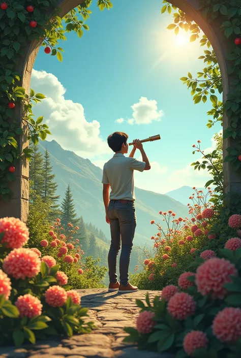 A person standing in a beautiful garden filled with vibrant flowers, trees, and a clear blue sky, but they are looking through a small telescope focused on a distant, barren land. Surrounding the person, precious objects like blooming flowers, ripe fruits,...