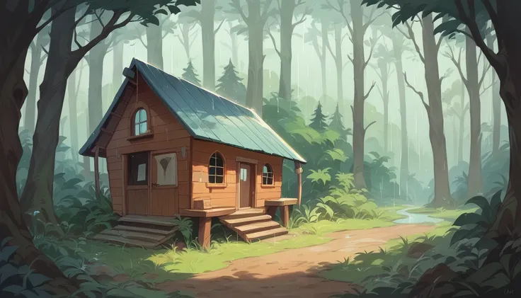 Beautiful cabin in the forest and heavy rain