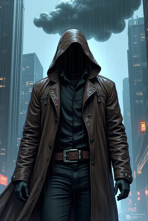 In a serious comic book style, the whole look of the hero, Rain Rider,  wears dark brown, leather coat with hood, which protects him from the rain and allows him to remain anonymous. A small one floats above his head., dark cloud, from which it rains const...