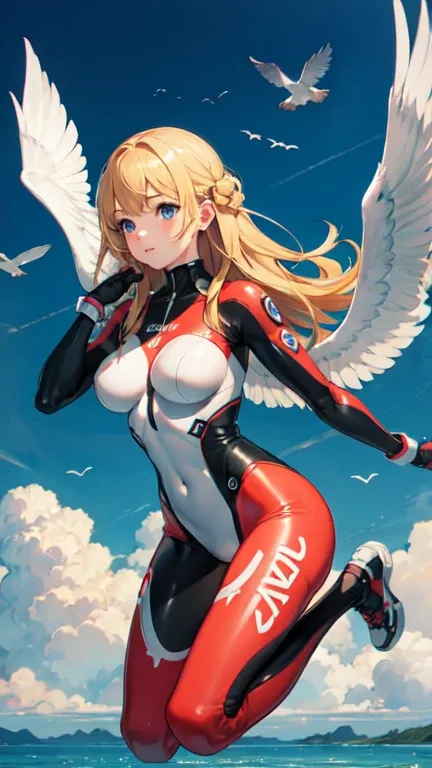 ((Best Quality)), ((masterpiece)), (detailed), One girl, Bodysuit: Beautiful blonde girl flying in the sky　There are lots of birds　