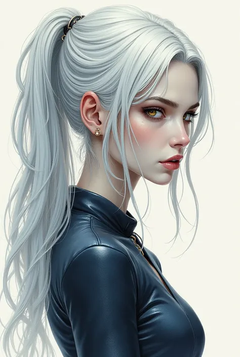 A realistic watercolor illustration A stunningly beautiful woman, but with a cold and deadly beauty. She has long, shiny, silver-white hair, which she usually wears down or tied up in a practical way for battle. Her eyes are golden, with an intensity that ...