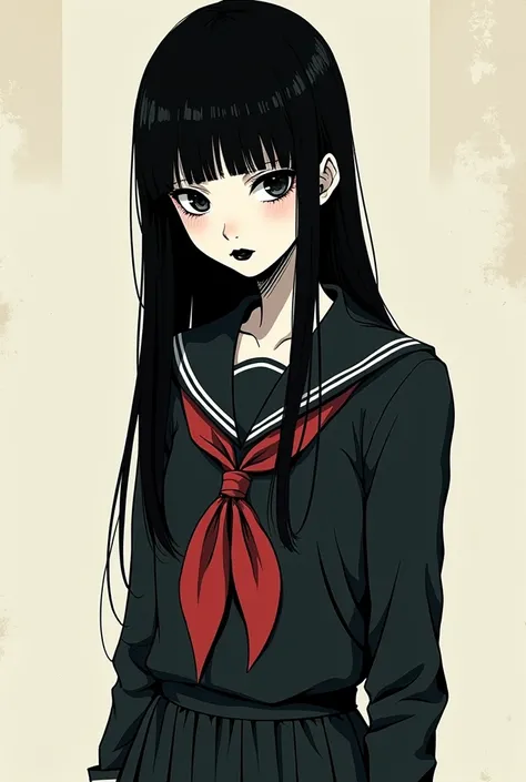 Girl, high, slim, gothic, long black hair, with straight bangs, pale skin, black lipstick, dressed in school uniform, sad</input></xml>, comic style