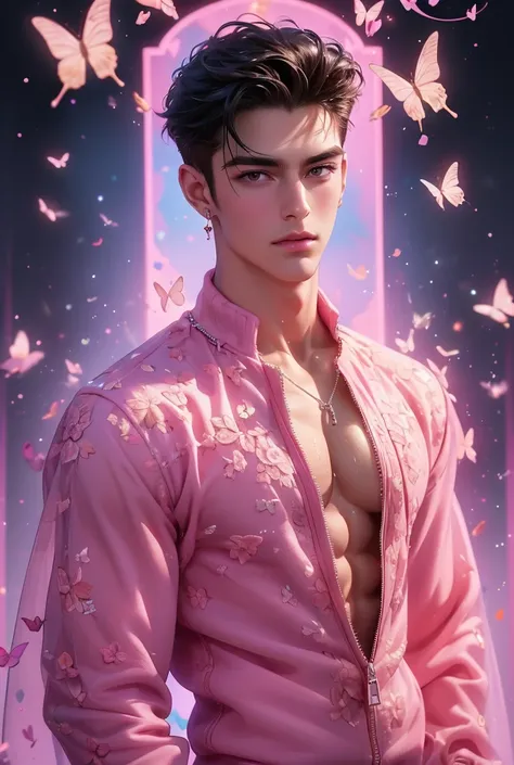  (absurdres, highres, ultra detailed, Ultra HD), (A strikingly tall handsome muscular american young man,solo, male model modern clothing, Full length portrait: 1.5, wearing a pink color zip-up jumpsuit that is unzipped revealing his chest and abs, bulge:1...