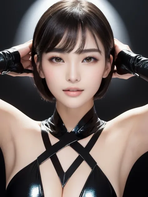 Best Quality, masterpiece, Realistic, One girl,  Muscular, Very big from the waist down, Japanese, bangs, Large dark brown eyes, Eyes Wide Open、Cross-eyed, The pupil is closer to the center, Catchlight on pupil, Eyeliner、Thin and small eyebrows, Narrow fac...