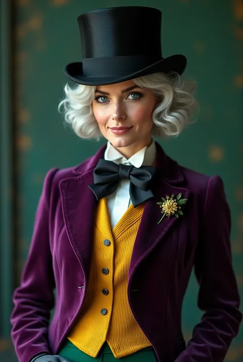 a mature woman, clear skin, silver white hair, blue eyes. He wears a black top hat paired with a tailcoat made of luxurious plum-colored velvet.. His pants are bottle green, a yellow vest and the gloves he wears are pearl gray.