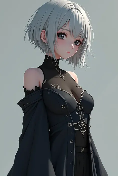 ((3d rendering style)) (3d anime style); full body reveal; Woman; short gray hair; dark clothes with constellation details; (high detalied); black eyes