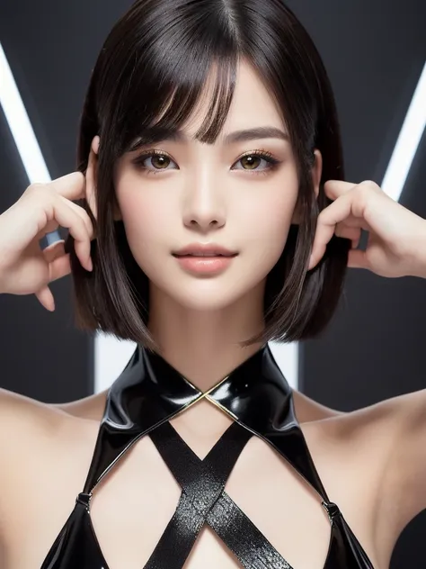 Best Quality, masterpiece, Realistic, One girl,  Muscular, Very big from the waist down, Japanese, bangs, Large dark brown eyes, Eyes Wide Open、Cross-eyed, The pupil is closer to the center, Catchlight on pupil, Eyeliner、Thin and small eyebrows, Narrow fac...