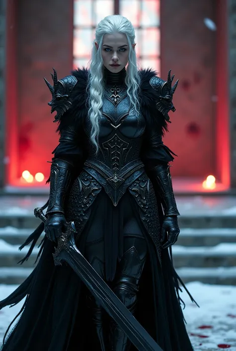 ((better qualitative)) , (detailed), Visenya Targaryen Dazzling, Black Dragon Armor, Black Sword, Lilith inside a church, deep glossy metallic black , fire, blood stains, the whole body, in the style of red dramatic lights D14bl0, ((better qualitative)) , ...