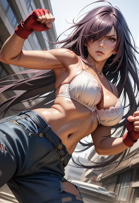 kanu,dark purple hair, hair over one eye, very long hair,red fingerless gloves, midriff,(delicate embellishments gorgeous bra:1....