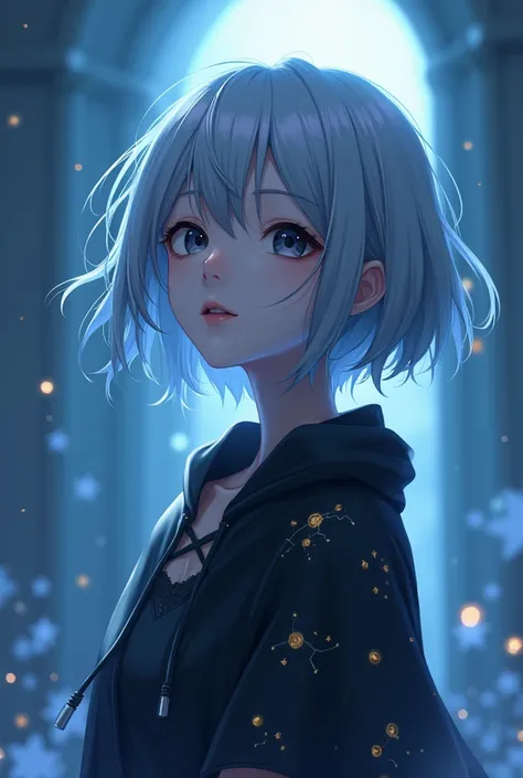 (3d rendering style) ((3d anime style)) 
3d anime style image of a woman with short gray hair, their clothes are dark with constellation details, her eyes are dark as night The environment where she is is mystical with a bluish tone