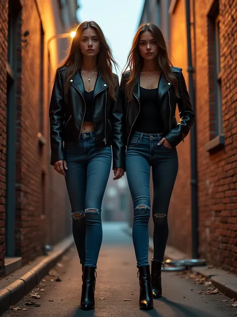 In a narrow city alleyway illuminated by soft, ambient light, two beautiful young teenage girls stand together, exuding confidence. They are wearing tight-fitted black leather biker jackets and tight denim jeans They are both wearing black leather stiletto...