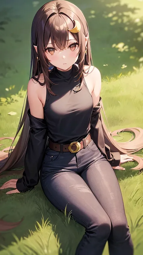 1girl, solo, long brown hair, brown eyes, small breasts, ((crescent hair ornament)), skinny body, black t-shirt, blue long jeans, belt, beige trench coat, bare shoulders,  ((sitting on the grass in a park))