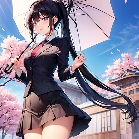 (Best Quality),(masterpiece),One high school girl、Iris、Beautiful Eyes、Black Hair,Short ponytail、smile、Small breasts、blazer、Normal necktie、Checkered mini skirt、Beautiful thighs、Holding a Japanese umbrella、Clear sky and cherry blossom background、Perfect Anat...