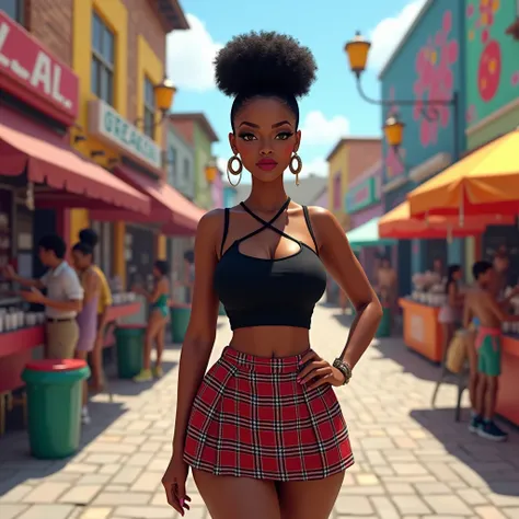 A curvaceous Black woman in a tight black crop top with crisscross straps, paired with a plaid mini skirt and sneakers. Her hair is styled in a high puff. The setting is an outdoor promenade, with bustling street vendors and colorful murals on nearby build...