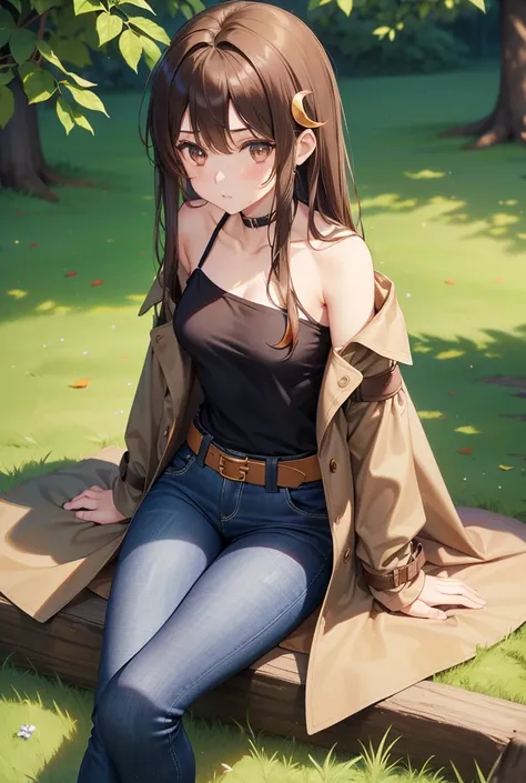 1girl, solo, long brown hair, brown eyes, small breasts, ((crescent hair ornament)), skinny body, black t-shirt, blue long jeans, belt, beige trench coat, bare shoulders,  ((sitting on the grass in a park))