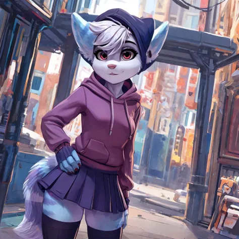 rivet, female, red eyes, (((blue body))), with a sweatshirt, with a skirt, with long stockings