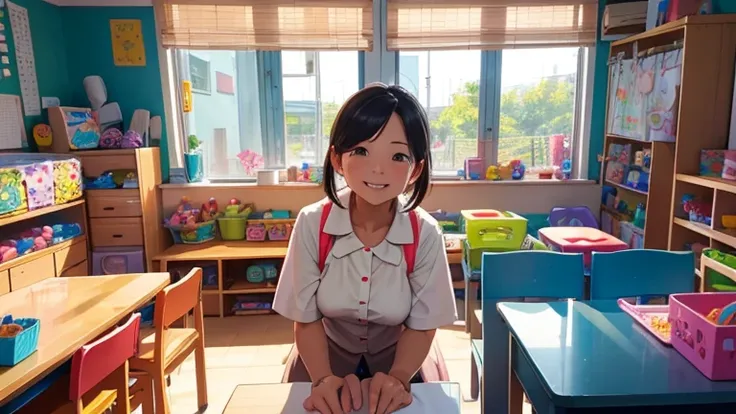 The main feature is a smiling nursery teacher.、A scene of watching over the children warmly。The nursery teacher is posing to express kindness.、In the background, colorful toys and the bright atmosphere of a nursery are placed as secondary elements.。