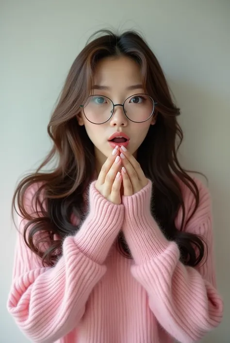 Real、Resembles Kyoko Fukada、Cute woman、Large breasts、White skin、Round Glasses、Brown long hair、Pink mohair knit、Surprised face with hands open in front of mouth