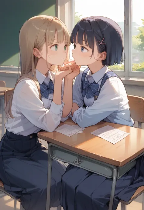 Girls Together、We both look at each other、uniform、classroom