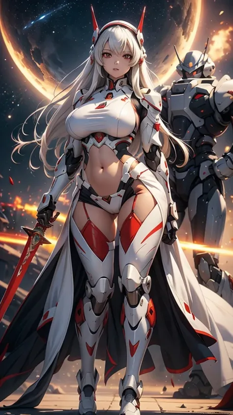 mecha_musume, 1girl, long_white_hair, science_fiction, weapon, sword, holding_sword, Red_eyes, solo, headgear, holding_weapon, mecha, standing_in_space, huge_ass, big_breast, showing_face, showing_stomach.