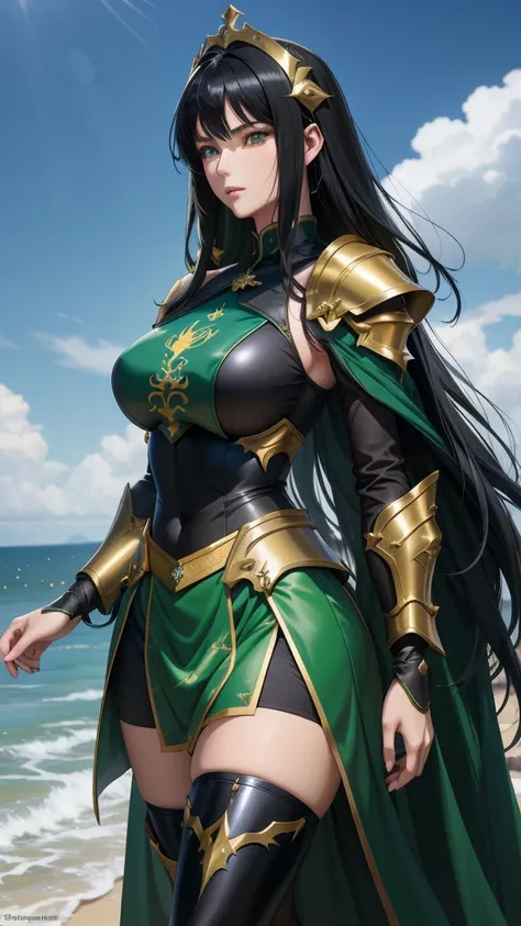 une femme, 25 ans, manga, cheveux longs, cheveux de couleur noire, black hairs, green armor, armure de couleur verte, armure du ...