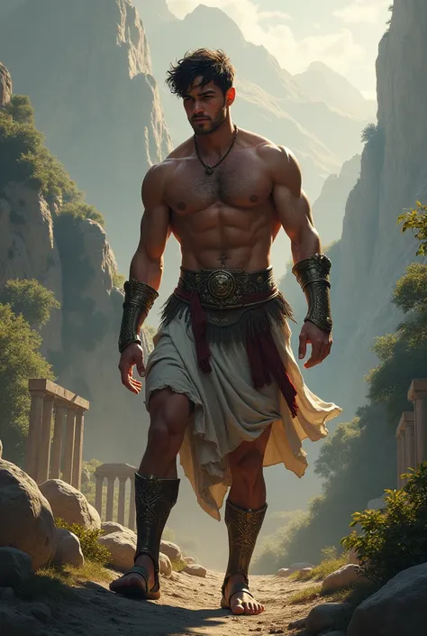 A young man, handsome muscle man resembling hercules going to fulfill 12 tasks

