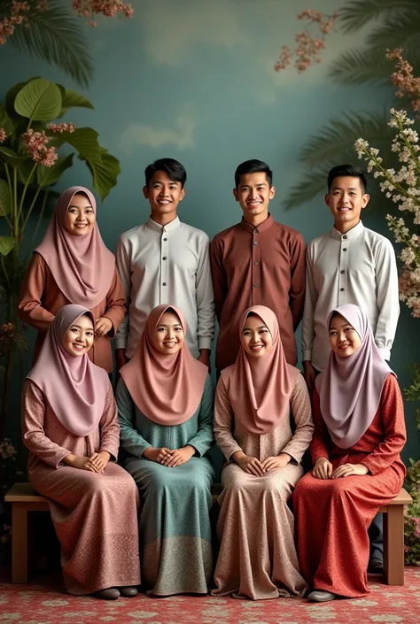 Photo of four smiling Indonesian women wearing long Muslim hijab dresses sitting neatly behind them. Photo of four neatly dressed men standing. The image looks perfect. 64k realistic real background.