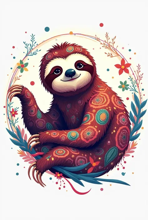 A beautiful, fancy and vibrant sloth poster ,round shaped with white background 